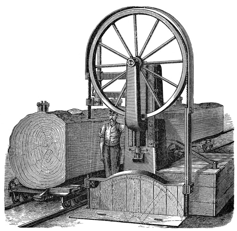 Historical illustration, 19th Century, sawing machine, Sägemaschine, Sägewerk, historische Zeichnung, 19. Jahrhundert