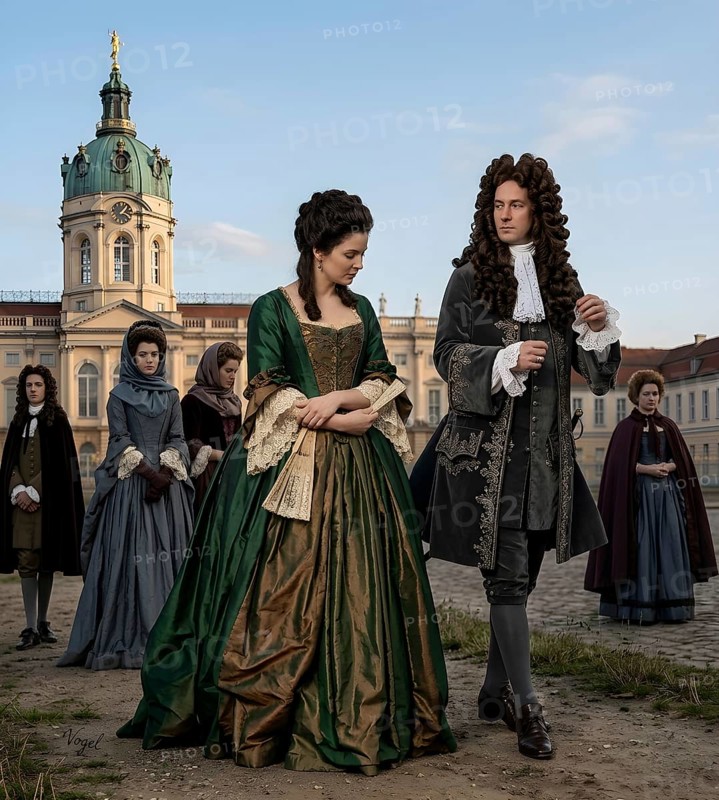 Gottfried Wilhelm Leibniz talking to Queen Sophie Charlotte of Prussia, philosopher, mathematician, physicist, historian, clarification, historical figure, historical illustration, digitally edited