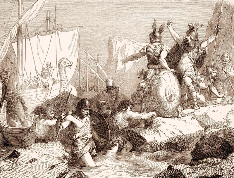 Landing vikings in France, 9th century, invasion with viking longships