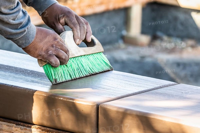 Construction Worker Using Brush On Wet Cement Forming Coping Around New Pool