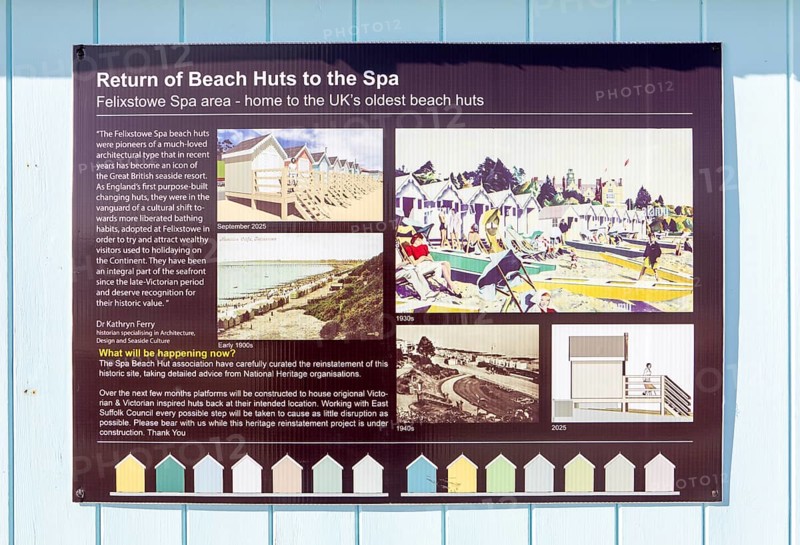 Information poster about Return of Beach Huts to the Spa, Felixstowe Spa area, Felixstowe, Suffolk, England, UK