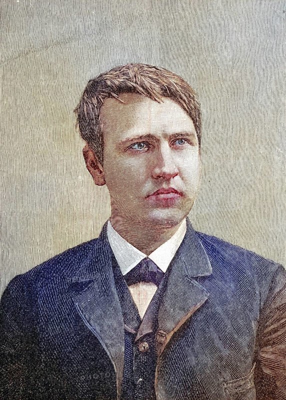 Thomas Alva Edison, 1847, 1931, an American inventor and entrepreneur with a focus on the field of electricity and electrical engineering, coloured wood engraving, reproduction from a model from ca 1888, Historical, Historical drawing of a serious young man in a suit