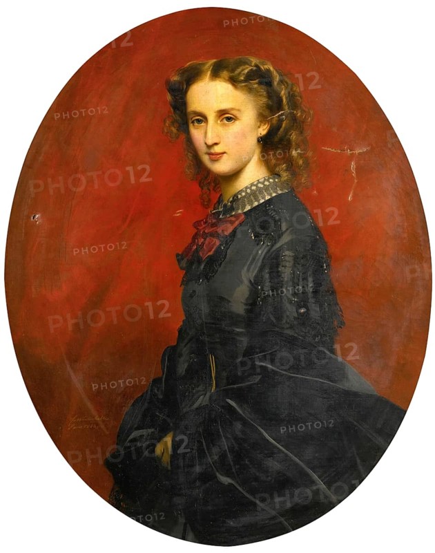 Franz Xaver Winterhalter (20 April 1805 - 8 July 1873), German painter, he was one of the most sought-after and famous portrait painters, here his work:, Wanda Fürstin von und zu Putbus (1837-1867), née Freiin von Veltheim-Bartensleben (1858), Painting, Reproduction of the painting, Work of art, Historical, Elegant woman against a red background, with blond hair, in historical dress