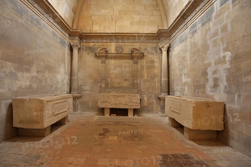 Interior view of the Romanesque church of St. Honorat, Alyscamps, necropolis and ancient Romanesque cemetery, Arles, Bouches-du-Rhône, Camargue, Provence, France