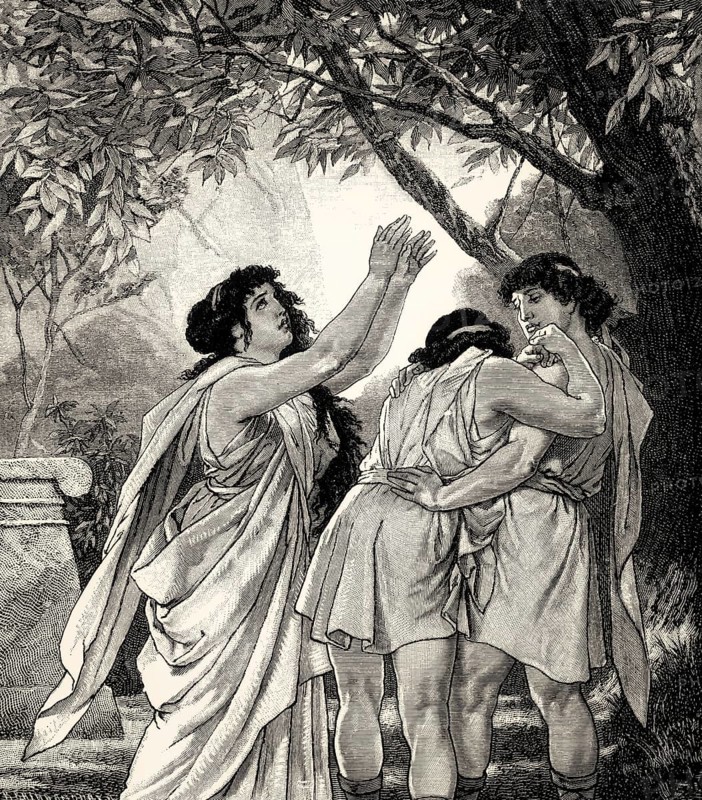 ACT III., SCENE III., Orestes, Iphigenia, Pylades, scene from Iphigenia in Tauris, Johann Wolfgang von Goethe