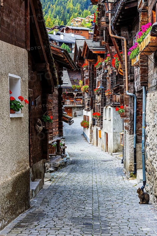 Narrow alley with old houses decorated with flowers in the historic village centre, Grimentz, Val d'Anniviers, Valais Alps, Canton Valais, Switzerland
