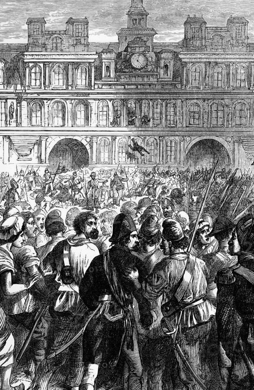 An attack on the Hôtel de Ville by Convention troops under Paul Barras. Part of the Thermidor Reaction, a revolt in the French Revolution against the excesses of the Reign of Terror in July 1794, France, digital reproduction of a historical model