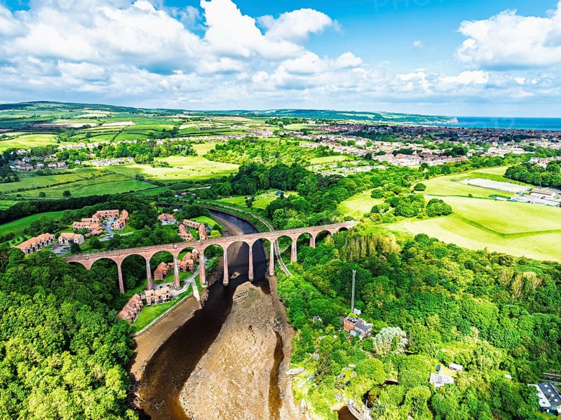 Larpool Viaduct over River Esk and Esk Valley Viaduct from a drone, Whitby, North Yorkshire, England, United Kingdom