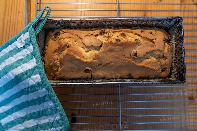 Potholders on a still hot baking dish with fresh English tea cake, Franconia, Bavaria, Germany