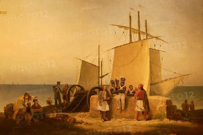 French soldiers, paintings of men on the beach next to ships in front of calm sea and sky, Historical Museum, Battle of Navarino 1827, Tsiklitiria's House, Pylos, Peloponnese, Greece