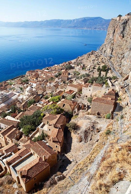 Byzantine castle town of Monemvasia, Monemvassia, Monemwassia, Monembasia, in the Myrtoan Sea, Laconia, Peloponnese, Greece