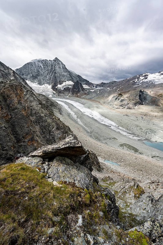 View of glacier Glacier de Cheilon and mountain peak Mont Blanc de Cheilon, at Col de Riedmatten, Valais, Western Alps Switzerland