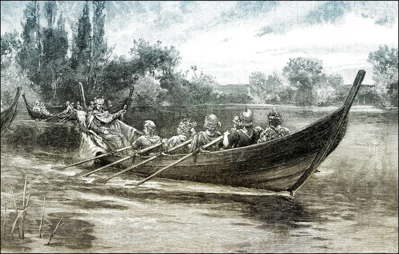 Edgar the peaceable being rowed down the dee by eight tributary princes, Edgar the Peaceful, or Edgar I called the Peaceable, 943 - 975, king of England from 959 to 975
