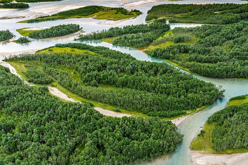Aerial view of the Glamaga river delta, (Glomådeltaet or Glomåga-deltaet), turquioise water, near Mo i Rana, Norway