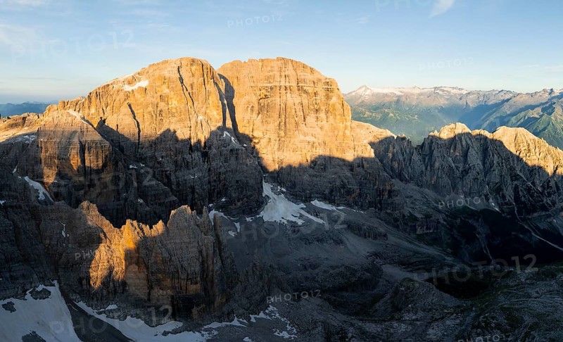 Impressive mountain peaks of the Brenta Mountains, sunrise, 360 degree alpine panorama, aerial view, Brenta, Brenta-Adamello Natural Park, Trentino, Italy