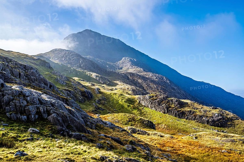 Autumn colours of Pen-y-Pass over Miner's Track, Start Point and road A4086, Snowdonia, Wales, UK