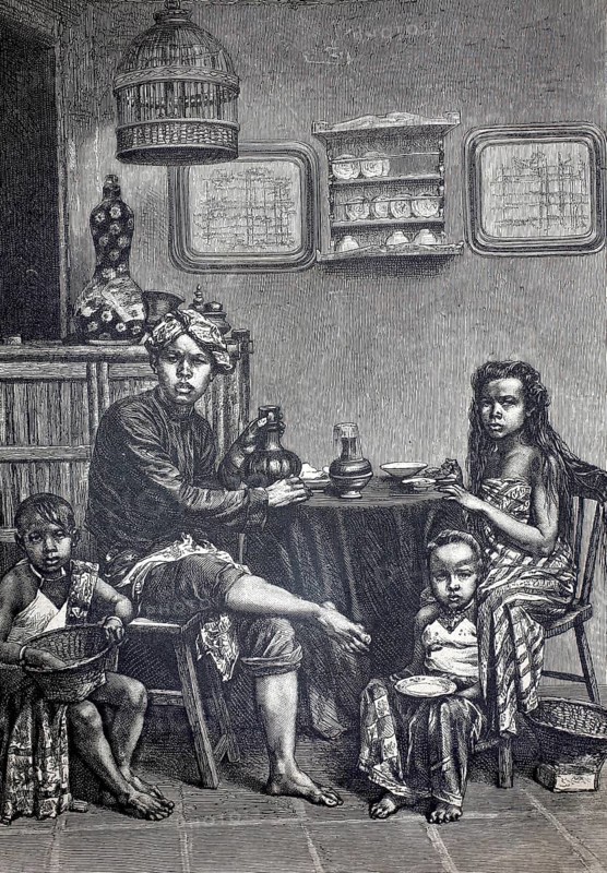 Family in their house in Java, Malay house and people, 1890, Malaysia, illustration, reproduction from a model from the 19th century. Authentic, file restored for optimal use, exact date of original unknown, historical, family in a traditional room at the table, eating together, drawn in black and white