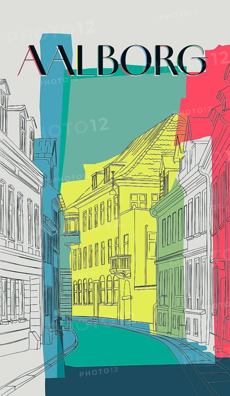 Aalborg abstract art city street poster. Vintage Danish town, graphic art vector background