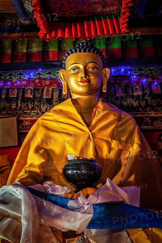 Buddha Sakyamuni statue in Spituk Gompa (Tibetan Buddhist monastery) . Ladakh, India
