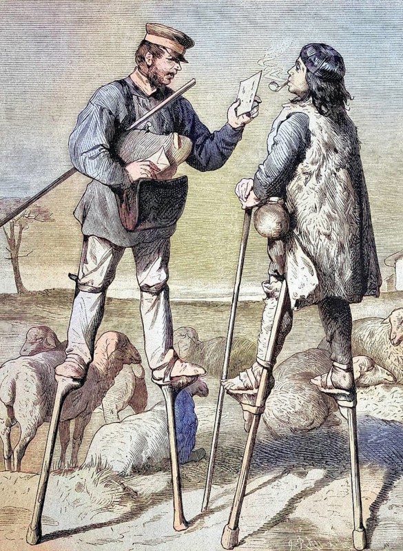 Postman on stilts in the south of France, France, Historical, digitally restored reproduction from a 19th century original, Postman on stilts in the south of France, France, Historical, digitally restored reproduction from a 19th century original