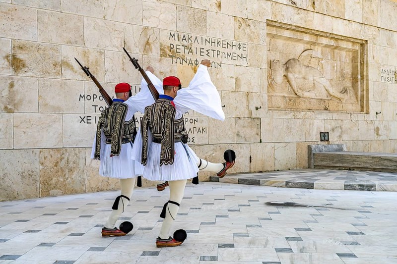 The traditional changing of the guard of the Evzones in front of the Greek Parliament in the Greek capital Athens, Greece