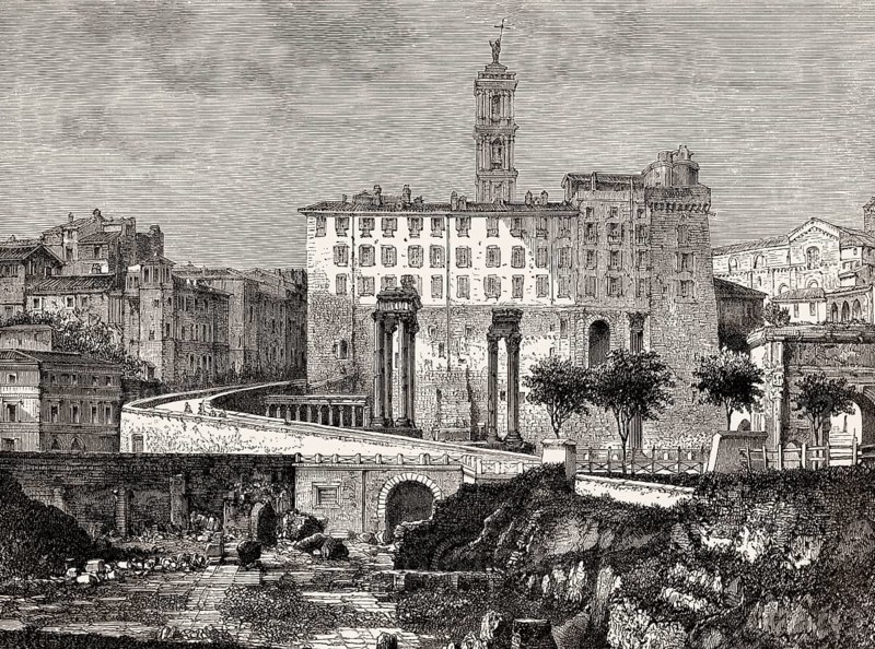 The Tabularium, behind the columns of the Temple of Vespasian and Titus, Rome, Italy, 19th Century
