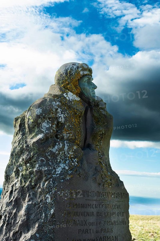 Monument to pioneer aviator Eugene Renaux at summit of Puy de Dome volcano, Puy de Dome department, Auvergne-Rhone-Alpes, France