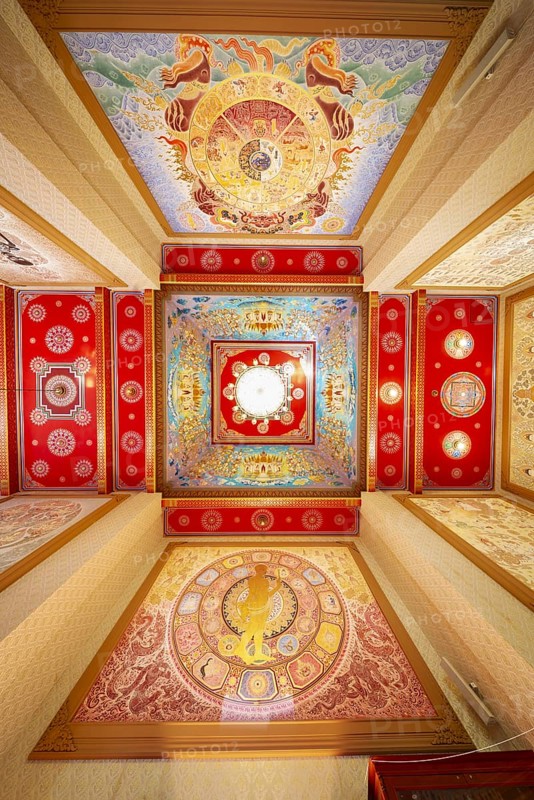 Frog's-eye view: Art gallery with an exhibition of non-traditional artworks, most of which follow modern art trends such as minimalism and abstraction, Wat Sitthawararam, Bangkok, Thailand