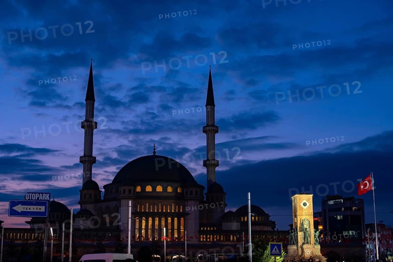 Istanbul Turkey. October 18th 2021 Night time view of the new Taksim Mosque complex at the beginning of Istiklal Street on the European side of Istanbul, Turkey
