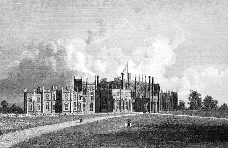 Eaton Hall, Cheshire, England, Duke of Westminster country house, built 17th century, architect William Porden, flag, park, paths, trees, buildings, architecture, history, steel engraving, historical illustration 1835