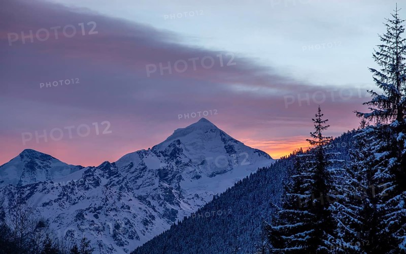 A breathtaking view of a snow-capped mountain at sunrise, glowing in warm hues of orange and pink in Georgia The serene scene is framed by tall, snow-laden evergreen trees