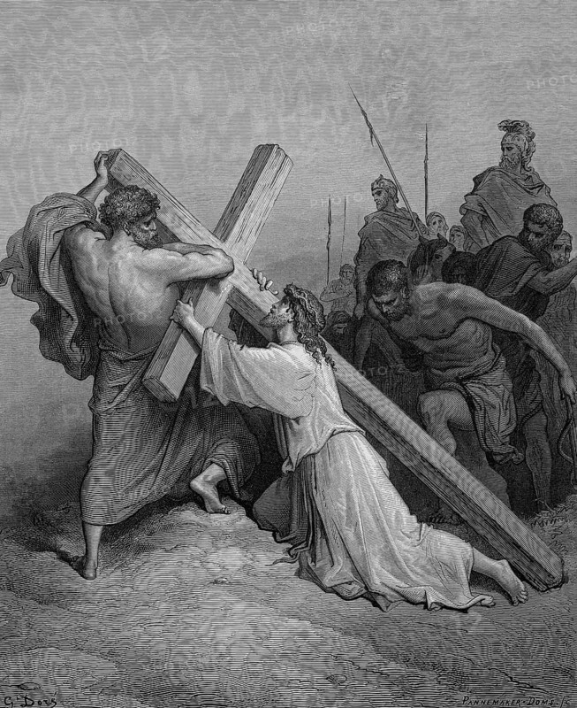 The death sentence, Jesus succumbs under the cross, Luke chapter 23, verse 26, Roman soldiers, horsemen, weapons, lances, suffering of Jesus, heavy burden, falling, raising, bearing, collapsing, barefoot, Christian religion, Bible, New Testament, steel engraving Doré, historical illustration 1885