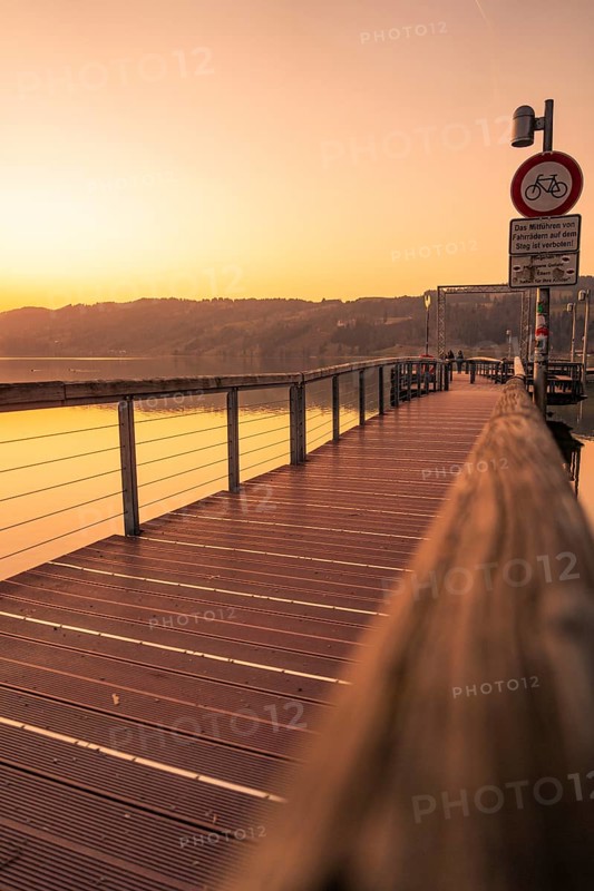 Wooden path along a lake, sign and railing in warm sunset light, Großer Alpsee, Immenstadt im Allgäu, Bavaria, Germany