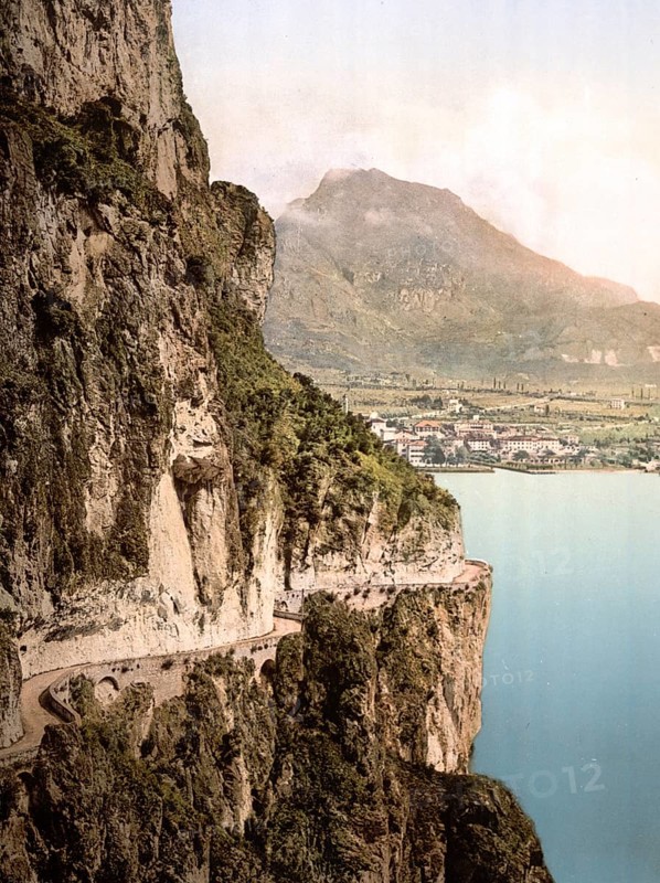 Ponale road and view of Riva, Lake Garda, Italy, Historical, digitally restored reproduction from a 19th century original, 1880, Record date not stated