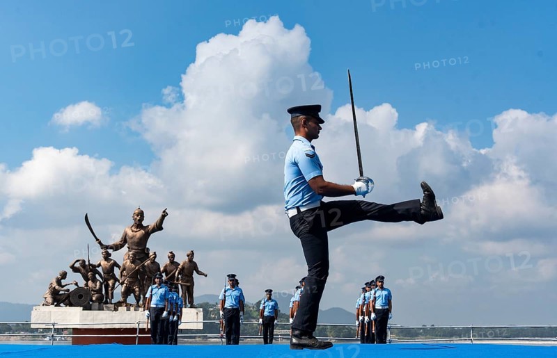 Indian Air Force personnel performs a bayonet drill demonstration on the bank of Brahmaputra river, during rehearsals ahead of the air show organised as part of the 93rd Air Force Day celebrations, on November 5, 2025 in Guwahati, India