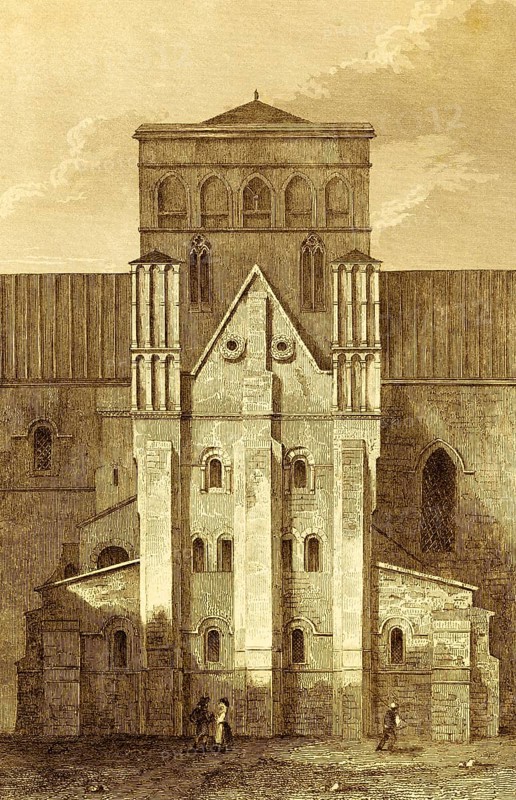 St Cross Church, Winchester, Holy Cross Church, 12th century, county of Hampshire, Plantagenet period, medieval architecture, visitor, tower, pointed roof, England, Great Britain, steel engraving, historical illustration 1842