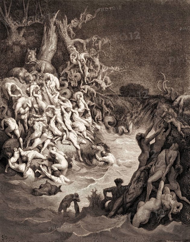 The world is destroyed by water, Old Testament, woodcut by Gustave Doré