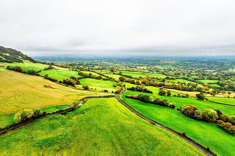 Autumn colours over Wales Farms and Fields from a drone, Grosmont, Abergavenny, Monmouthshire, Wales, UK