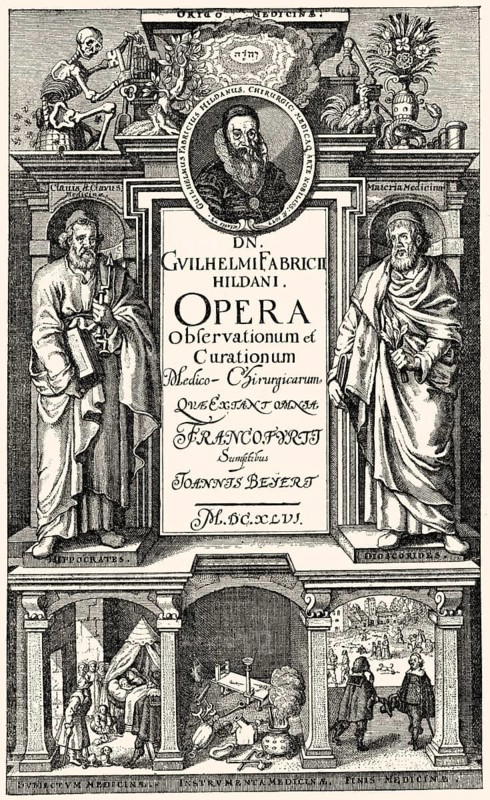 Titlepage of the medical book: Observationum et Curationum Chirurgicarum Centuriae, by Wilhelm Fabry or William Fabry, Guilelmus Fabricius Hildanus, or Fabricius von Hilden, 1560 - 1634, the first educated and scientific German surgeon, Titelseite, Observationum et Curationum Chirurgicarum Centuriae, Frankfurt, 1646, von Wilhelm Fabry oder Wilhelm Fabry von Hilden, Guilelmus Fabricius Hildanus, Fabry von Hilden, Fabricius von Hilden, 1560-1634, Begründer der wissenschaftlichen Chirurgie