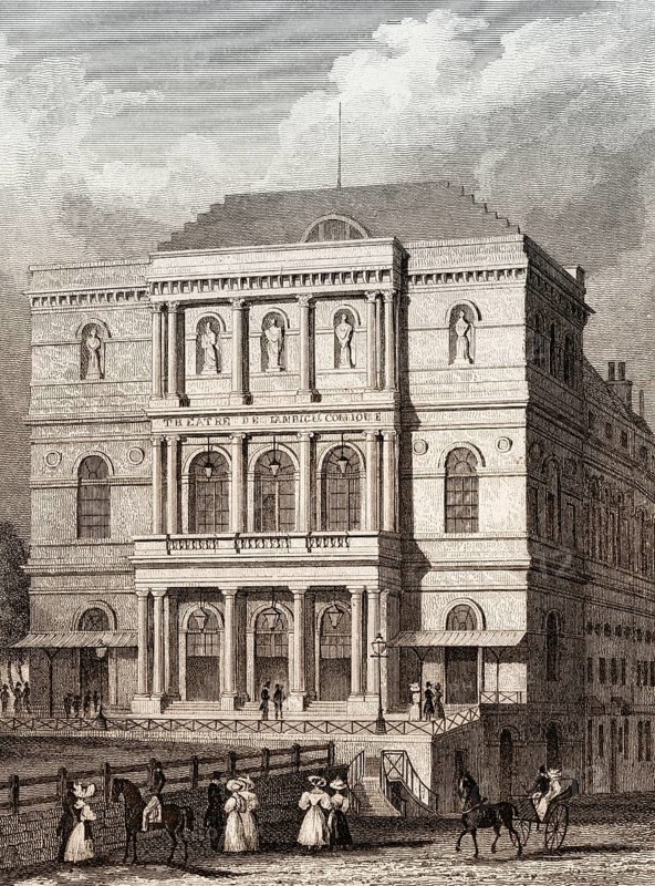 The Théâtre de l'Ambigu-Comique, Boulevard Saint-Martin, a former Parisian theatre, antique steel engraved print, 1831