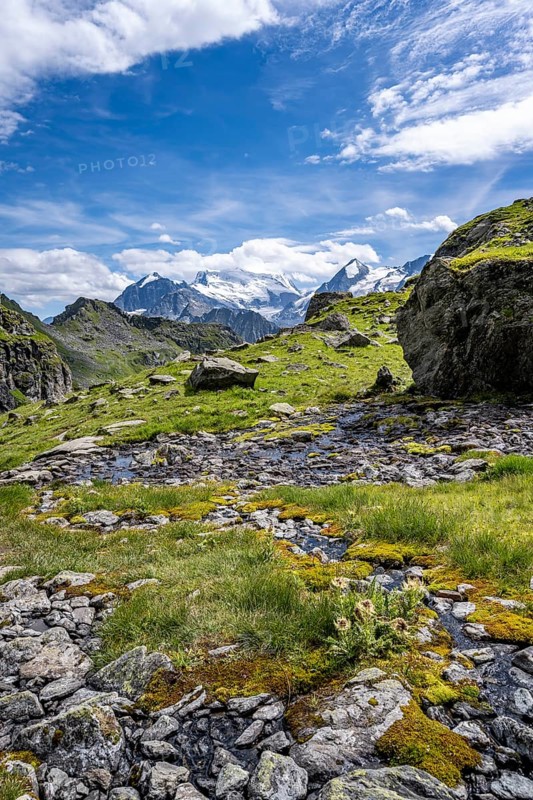 Picturesque mountain landscape, view of glaciated mountain peaks of the Grand Combine, Valais Alps, Val de Bagnes, Valais, Switzerland