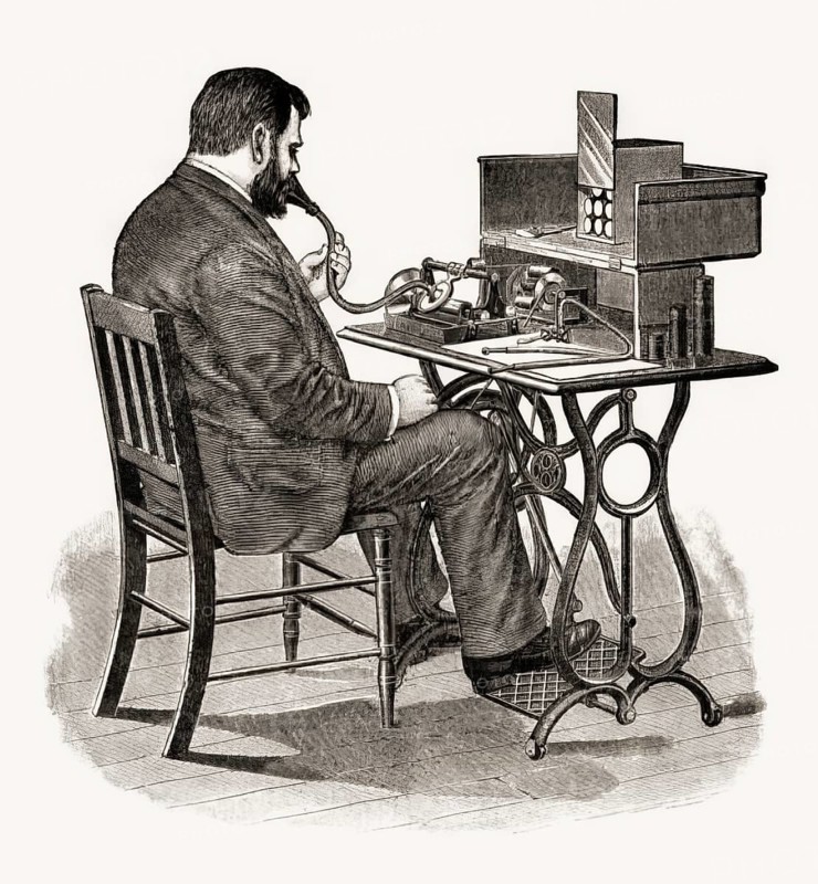 Historical illustration, 19th Century, Dictation with a Cylinder Phonograph by Thomas Alva Edison