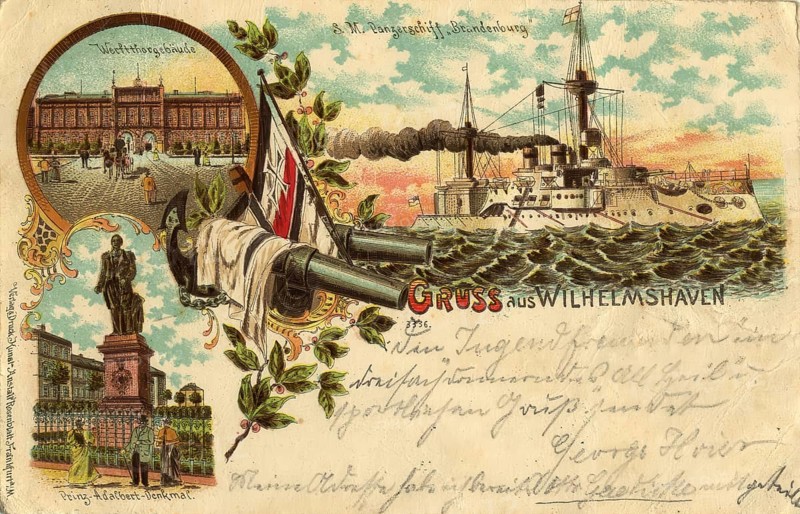 Historical postcard, picture postcard, armoured ship Brandenburg, west gate building and Prince Albert monument in Wilhelmshaven, Lower Saxony, Germany, digitally enhanced reproduction of an original from around 1900, picture postcard