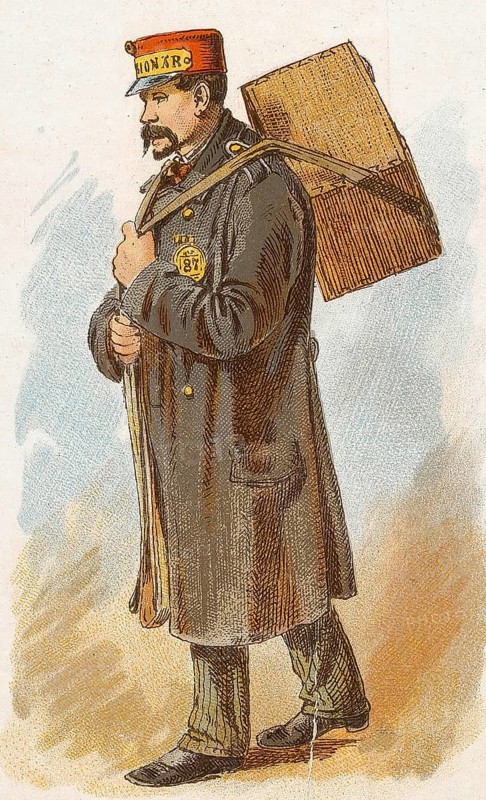 Viennese types by Ladislav Eugen Petrovits (1839, 1907), painter from Austria. Servant, service provider, man with a large suitcase travelling on foot in traditional dress
