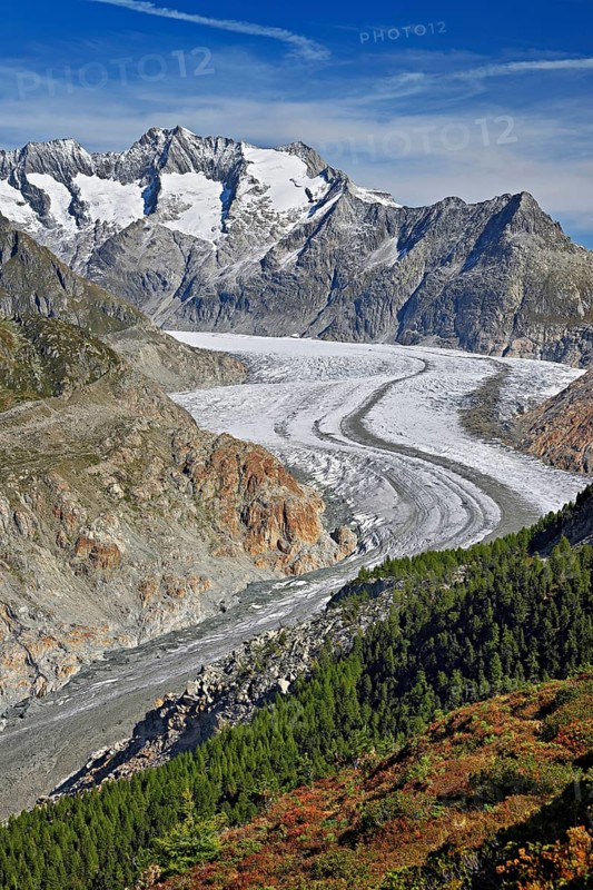 Great Aletsch Glacier, the heart of the Jungfrau-Aletsch-Bietschhorn UNESCO World Heritage Site, Goms, Valais, Switzerland