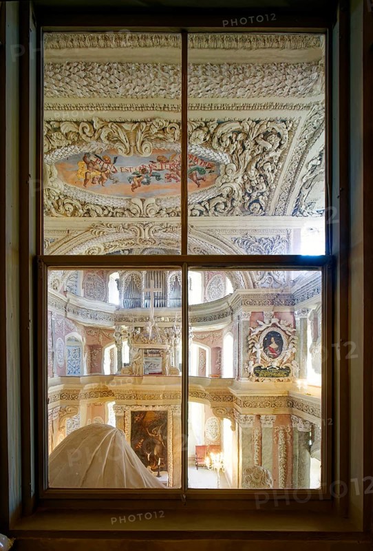 View from the gallery through a window, baroque castle church of St Trinitatis at Christiansburg Castle, interior view, Eisenberg, Saale-Holzland district, Thuringia, Germany