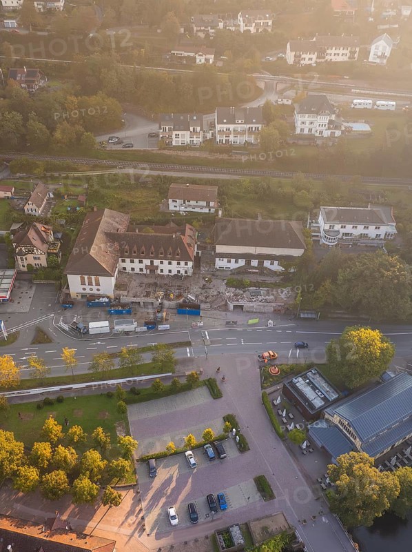 Aerial view of a residential area with streets, trees and several buildings, Badischer Hof, Calw, Black Forest, Germany