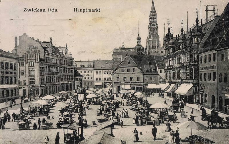 Historical postcard, picture postcard, The main market in Zwickau, Saxony, Germany, digitally enhanced reproduction of an original from around 1900, picture postcard