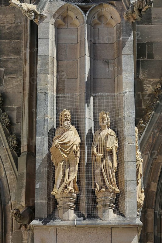 Figure of a saint, stone sculpture, detail, St Mary's Church Reutlingen, sacred building built from 1247 to 1343, cultural monument, Gothic church, Reformation church, Protestant church, place of worship, Christian architecture, restored in neo-Gothic style, Reutlingen, Baden-Württemberg, Germany
