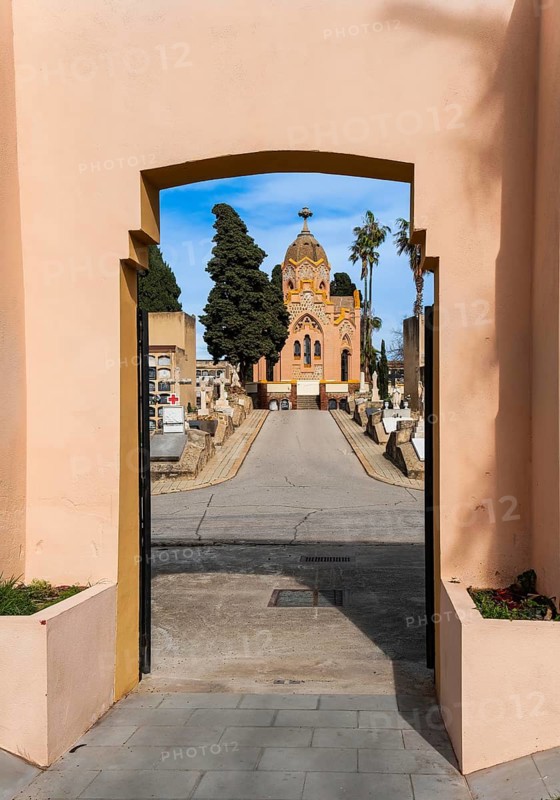 View of the chapel of Les Corts cemetery in Barcelona, Spain